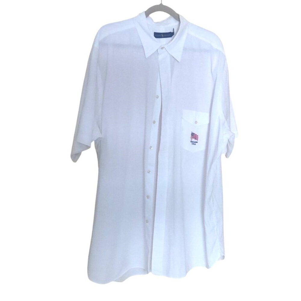 Ralph Lauren Mens 2XLT White Linen/Cotton Blend Short Sleeve USA Flag Dress Shir